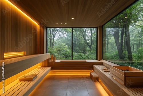Minimalist sauna room with wooden benches and large windows overlooking forest