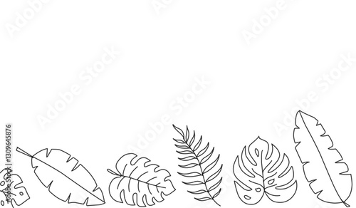 Tropical leaf line art wallpaper background vector. Design of natural Monstera leaves and banana leaves in a minimalist linear outline style. Design for print, cover, banner, decoration.