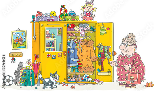 Funny granny with her merry plump cat going to clean up a large messy closet full of clothes, shoes, other things and toys in a home hallway, vector cartoon illustration on a white background
