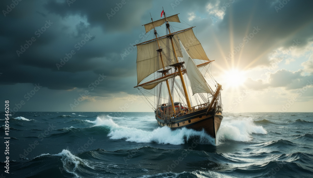 Obraz premium Old wooden sailing ship navigating stormy ocean at sunset, adventure