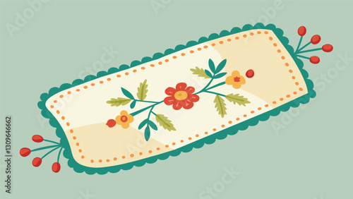 A handembroidered table runner lovingly crafted from a vintage linen dresser scarf and finished with crocheted edging.. Vector illustration