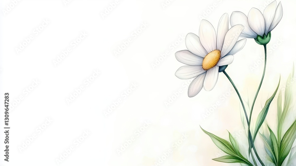 Naklejka premium Exquisite white flower with lush green leaves on pristine white background, study in minimalist floral beauty