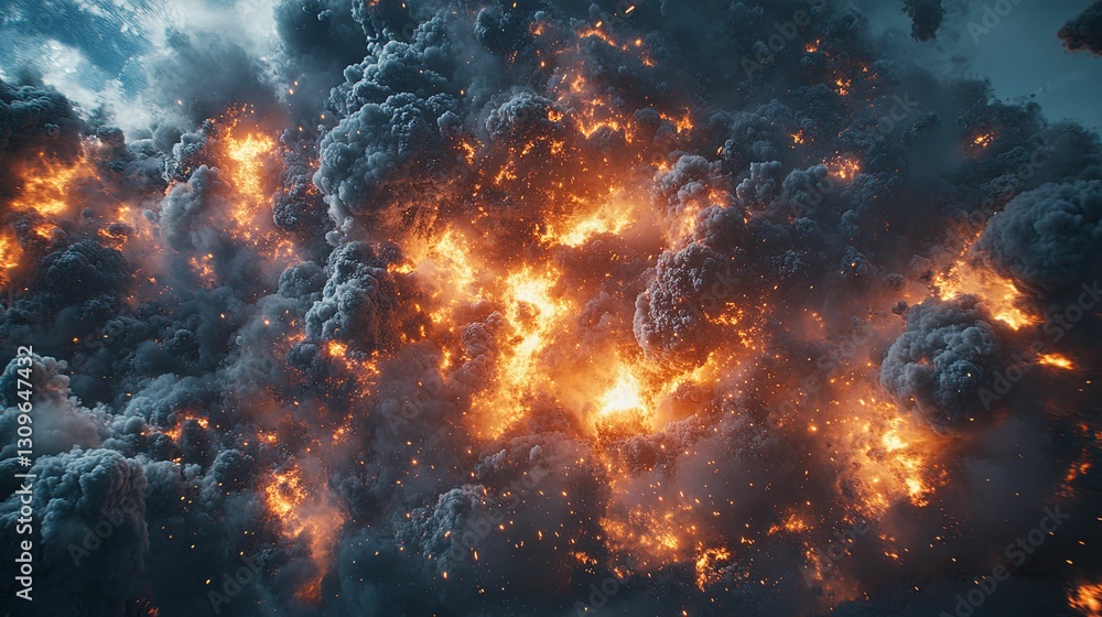 Fiery Explosion Within Dark Smoke Clouds Fiery Explosion Within Dark Smoke Clouds