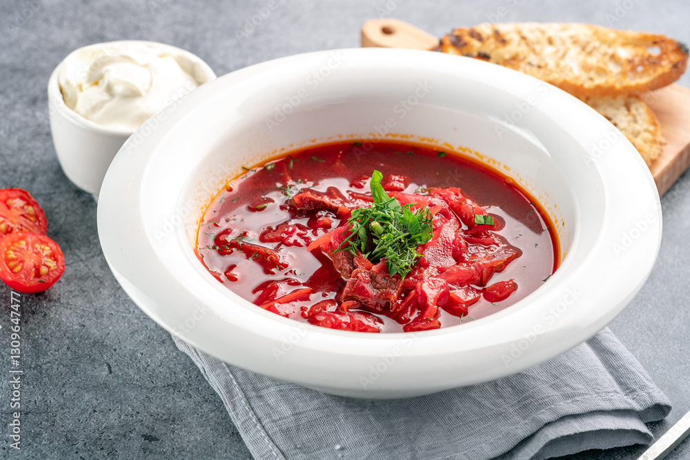 Borsch is a Russian or Ukrainian traditional soup with beetroot, vegetables and meat. Red soup in a white plate decorated with herbs and sour cream, close up