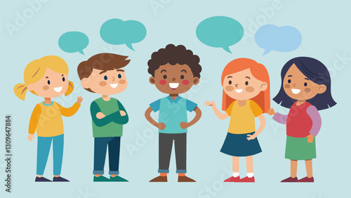 The children display impeccable manners taking turns speaking and always listening respectfully to each others opinions.. Vector illustration