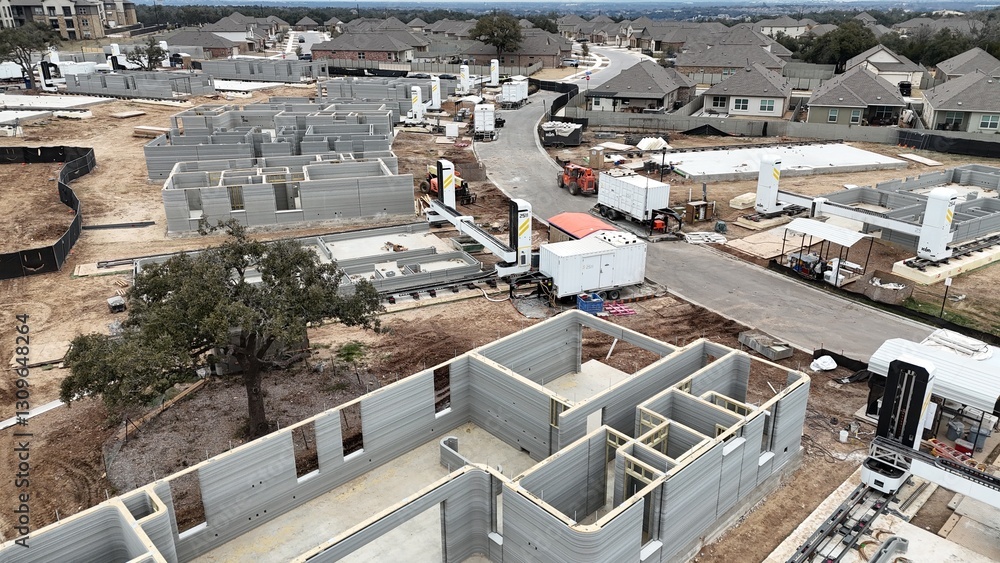 Fototapeta premium 3D printed residential community - aerial view of homes built using giant 3-D printer 