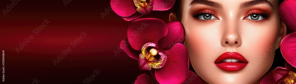 Woman's face, red orchids, dark background; beauty, cosmetics, spa Woman's face, red orchids, dark background; beauty, cosmetics, spa