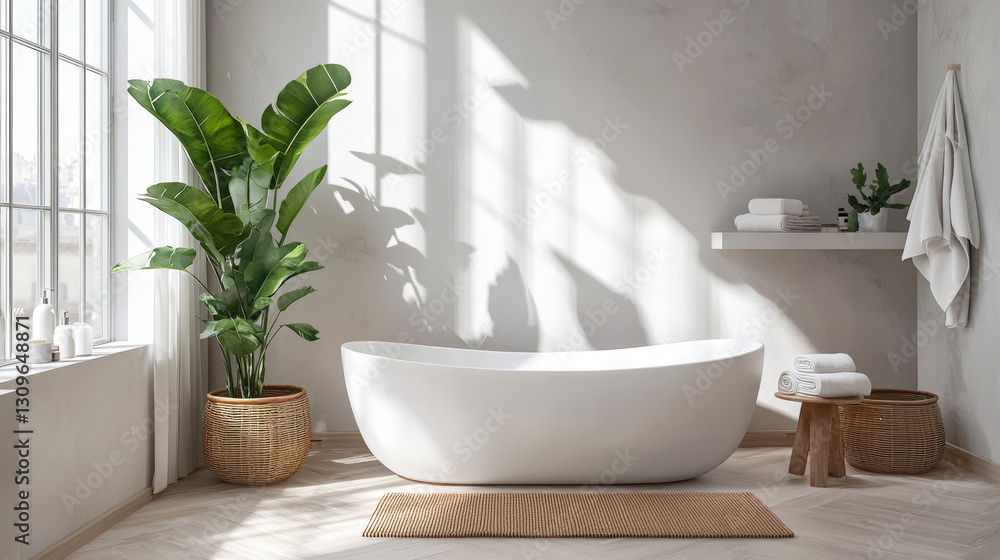 Fototapeta premium Soft light filters through windows onto a chic bathroom with a stylish bathtub, greenery, and neutral decor creating a calming atmosphere