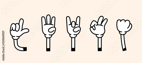 70s groovy comic set. Cute retro icons with cartoon hands in gloves showing different gestures. Decorative design elements. Outline doodle illustration collection isolated on background