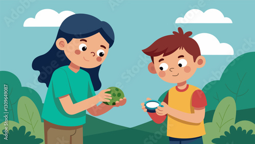 Two siblings admire the handmade trinkets theyve found in a geocache while the older sibling shows the younger one how to input the coordinates on. Vector illustration