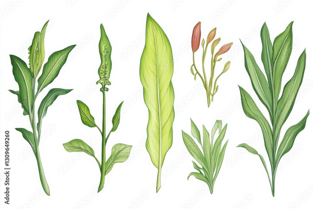 Naklejka premium Phlebodium aureum detailed illustration showcasing different plant parts in a botanical arrangement