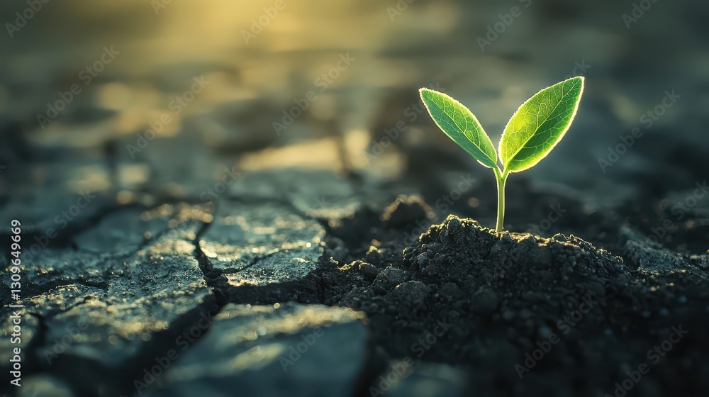 Green Seedling Emerging from Cracked Dry Earth at Sunrise, Symbolizing Hope and New Beginnings in Nature Green Seedling Emerging from Cracked Dry Earth at Sunrise, Symbolizing Hope and New Beginnings in Nature