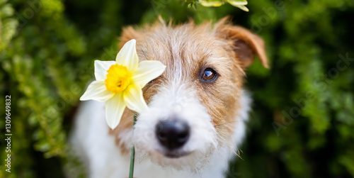 Happy cute smiling dog face with daffodil flower in spring. Easter, springtime banner or background.