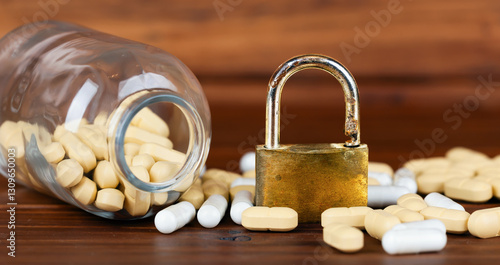 Εκτύπωση καμβά Pills with jar and padlock on the table