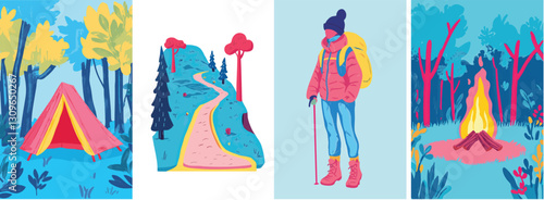 Set of fun hand drawn style outdoor camping and hiking vector design elements