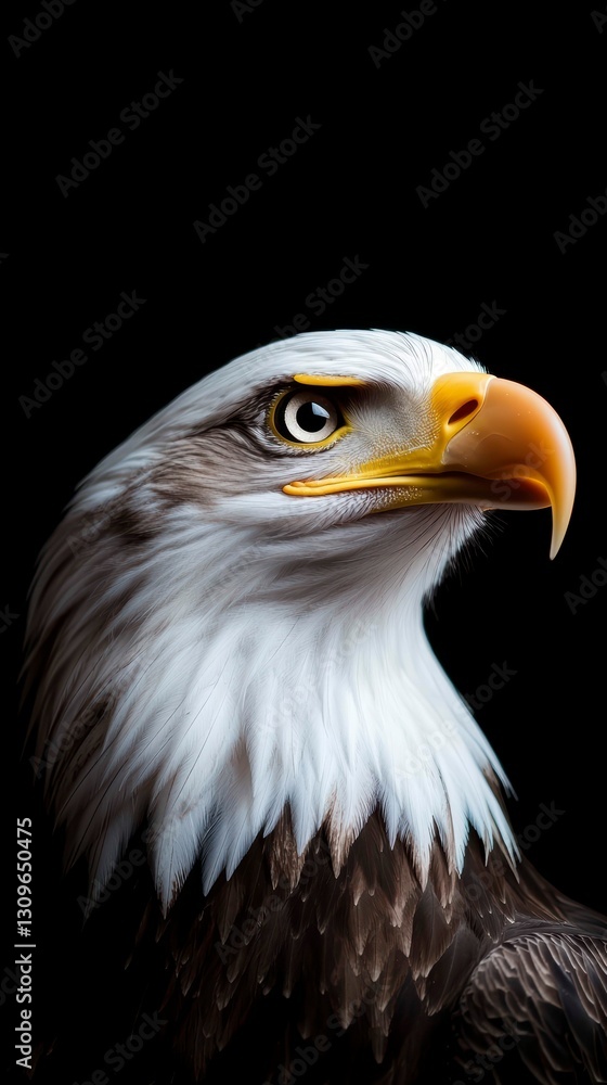 Striking Portrait of a Bald Eagle Head with Focused Gaze and Intense Expression on Black Backdrop Striking Portrait of a Bald Eagle Head with Focused Gaze and Intense Expression on Black Backdrop