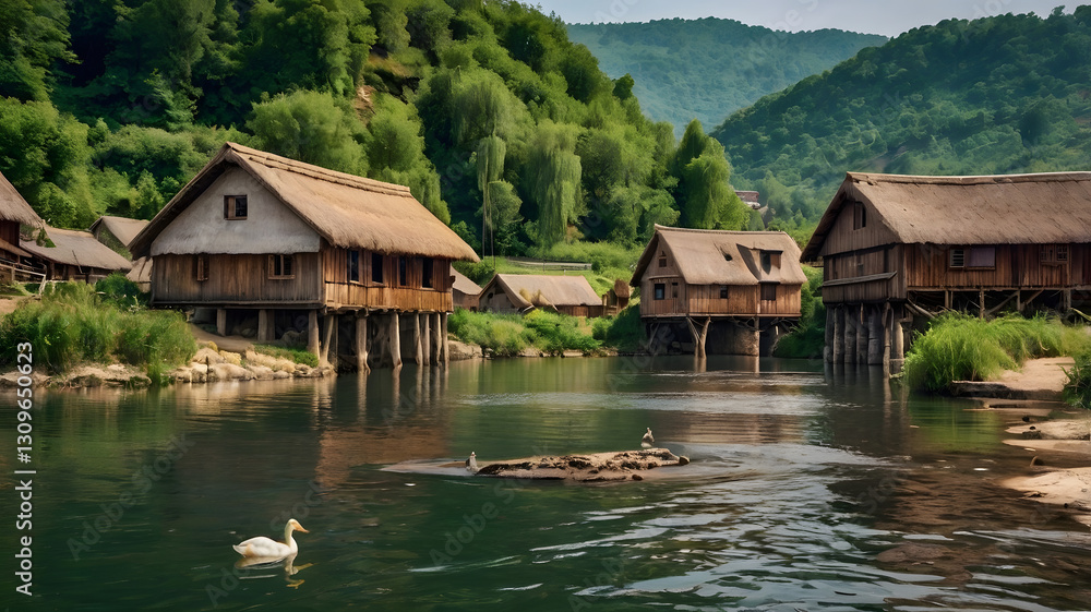 Naklejka premium Traditional Stilt Houses by a Tranquil River in a Rural Setting