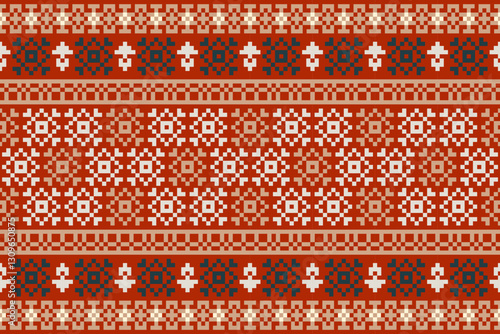 Traditional pixel art embroidery, ethnic geometric patterns