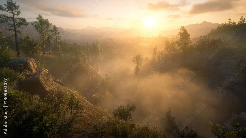 Naklejka premium Golden Sunlight Illuminates Rugged Ravine at Dawn