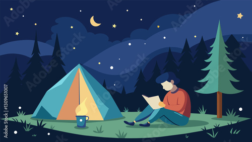In the midst of a tranquil camping trip a person takes a moment to scribble their thoughts into their journal beneath a canopy of ling stars.. Vector illustration