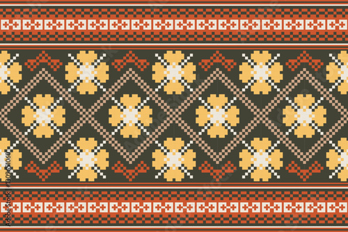 Traditional pixel art embroidery, ethnic geometric patterns