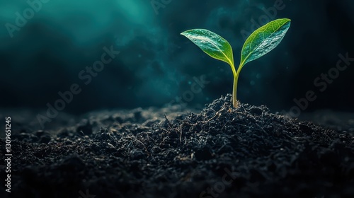 Vibrant Green Sprout Growing in Rich Dark Soil Surrounded by Soft Misty Light