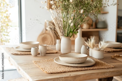 Rustic wooden table set with boho-style decor featuring natural elements and earthy tones in a cozy dining space