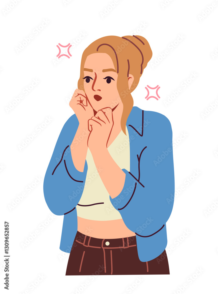 Happy person showing hand gestures. Excited and shocked young girl or woman expressing emotion of surprise. Frustrations and negative feelings. Flat vector illustration isolated on background Happy person showing hand gestures. Excited and shocked young girl or woman expressing emotion of surprise. Frustrations and negative feelings. Flat vector illustration isolated on background