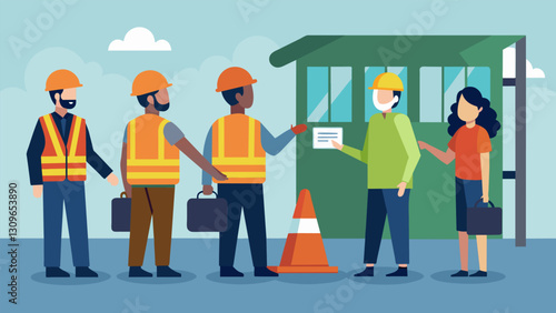 Visitors being given safety vests and helmets before being allowed onto the site.. Vector illustration