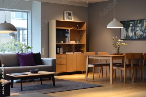 Wallpaper Mural Modern living room with dining area, featuring a light wooden bookcase, sofa, and a wooden table. Torontodigital.ca