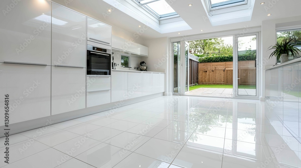 Bright Kitchen Interior with White Cabinets and Tiles Leading to Outdoor Patio View Bright Kitchen Interior with White Cabinets and Tiles Leading to Outdoor Patio View