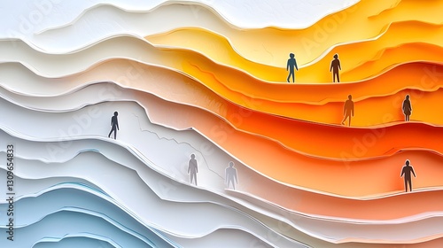 Symbolic paper cut layered landscape representation of mentorship guidance and leadership  Silhouetted figures on a path through geometric dunes and sunset skies