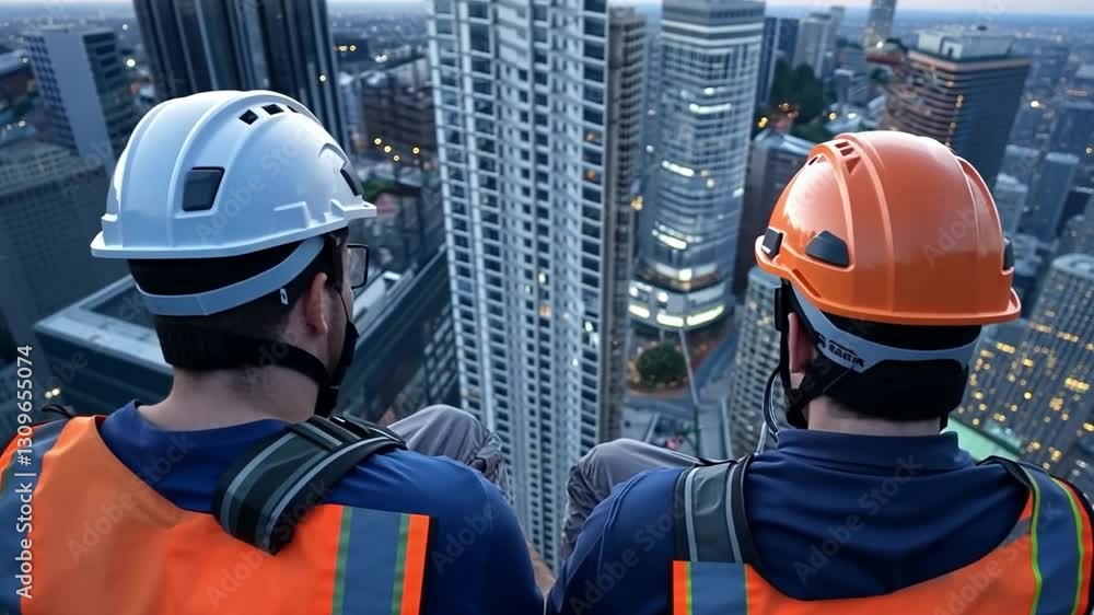 High-Rise Heights: Two construction workers, perched atop a skyscraper ...