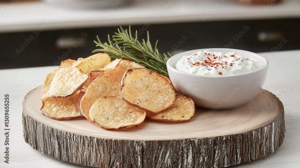 Crispy Potato Chips with Creamy Dip and Fresh Herb Garnish Crispy Potato Chips with Creamy Dip and Fresh Herb Garnish