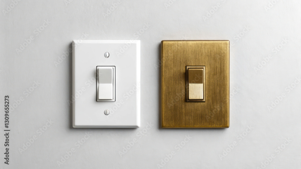 Mismatched light switches on wall create minimalist aesthetic. contrast between white and brass finishes adds visual interest Mismatched light switches on wall create minimalist aesthetic. contrast between white and brass finishes adds visual interest