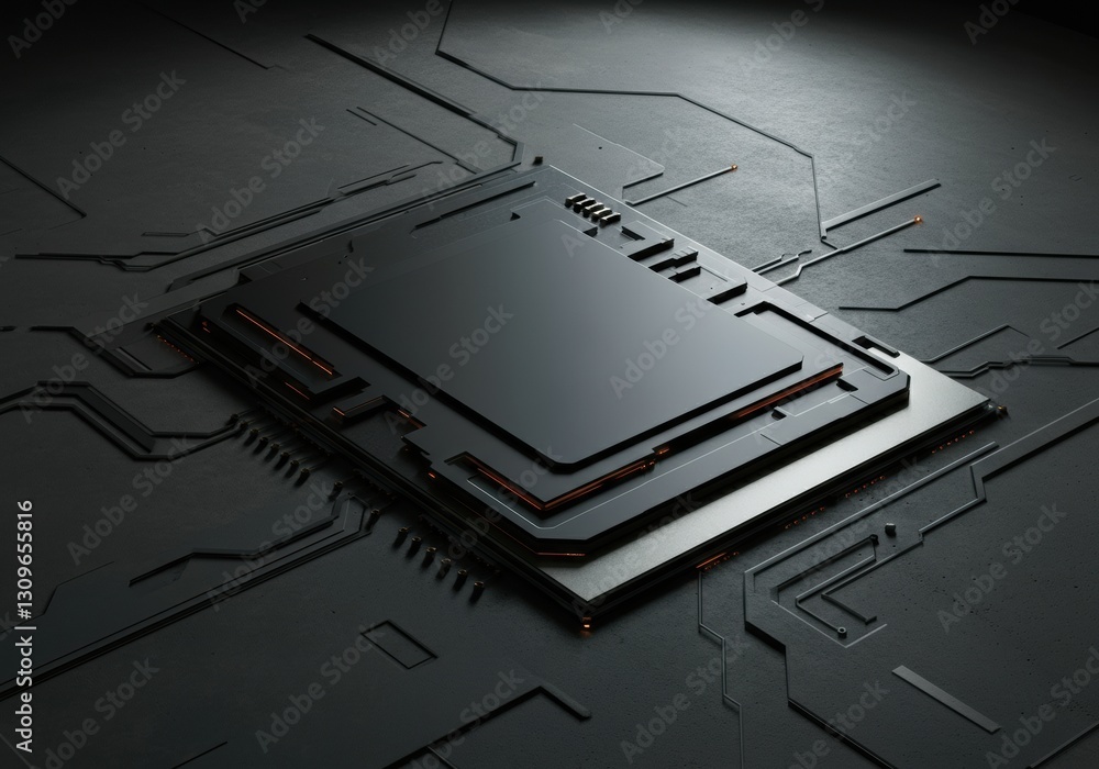 Fototapeta premium Modern microchip on a dark circuit board background