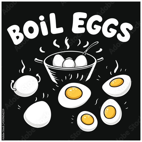 Food set. How to boil an egg instruction collection. Cooking direction for soft and hard boiled eggs and other cooking elements. Modern cartoon concept. Vector illustration