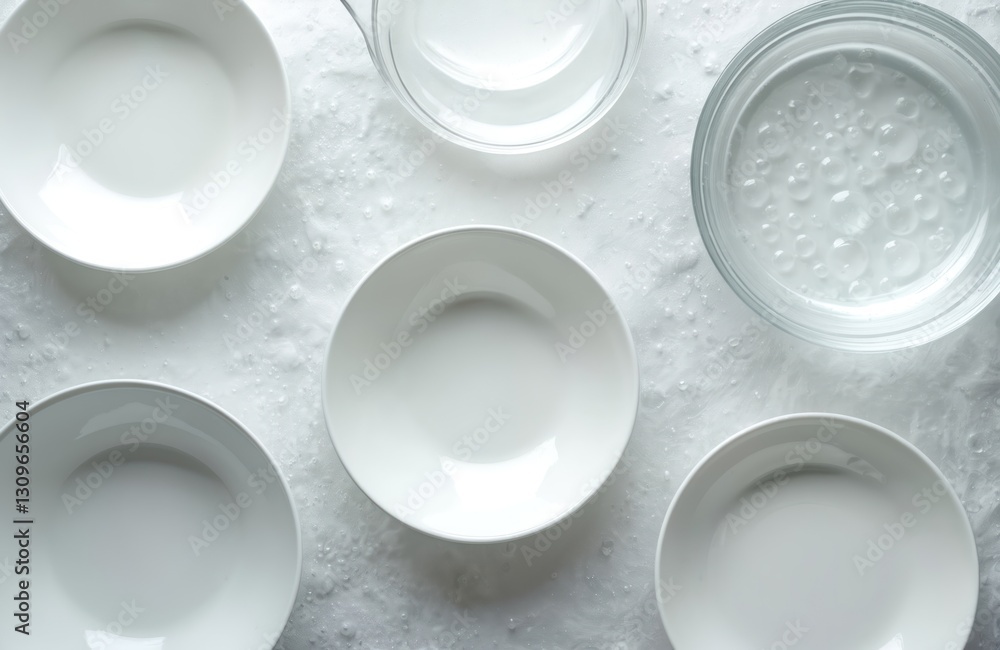 Top view white plates, glass bowls in soapy water and bubbles. Washing dishes. Cleanliness and hygiene in kitchen. Housekeeping and dishwashing. Round ceramic tableware and glassware. Top view white plates, glass bowls in soapy water and bubbles. Washing dishes. Cleanliness and hygiene in kitchen. Housekeeping and dishwashing. Round ceramic tableware and glassware.
