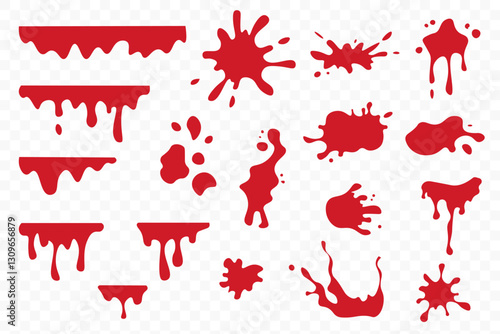 Hand drawn blood splash set. Blood stains, splatter, drops and blobs of blood in various shapes. Vector illustration