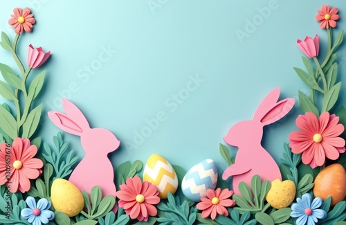 Paper cut style Easter card with bunnies, flowers, eggs border. Bold cheerful design for holiday celebration. Festive spring theme with vibrant colors, playful springtime decoration. photo