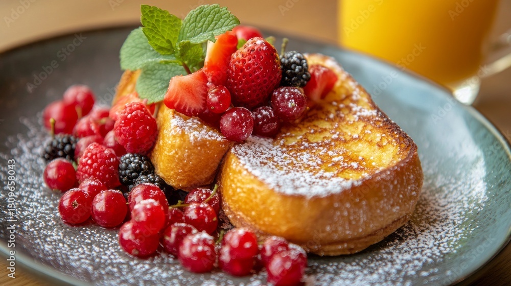Golden-brown French toast elegantly adorned with an array of vibrant berries, including strawberries and raspberries, rests on a charming plate Golden-brown French toast elegantly adorned with an array of vibrant berries, including strawberries and raspberries, rests on a charming plate
