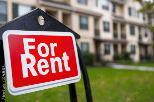 A red and white for rent sign is prominently displayed in front of a well-maintained residential building, indicating availability photo