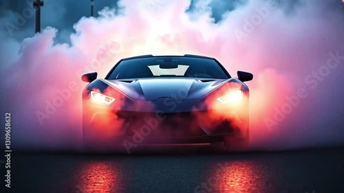 Close-up of led headlights of a car illuminate colored smoke, light through fog, sports car turns on headlights, background or wallpaper with automobile