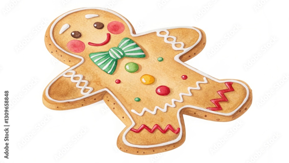 A cheerful gingerbread man cookie with a green bow tie and colorful candy decorations, perfect for holiday celebrations. A cheerful gingerbread man cookie with a green bow tie and colorful candy decorations, perfect for holiday celebrations.
