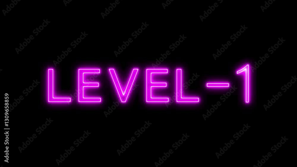 Level 1 text font with neon light. Level Up neon sign. neon letters spelling out level Up appear on screen display animation. Level 1 text font with neon light. Level Up neon sign. neon letters spelling out level Up appear on screen display animation.