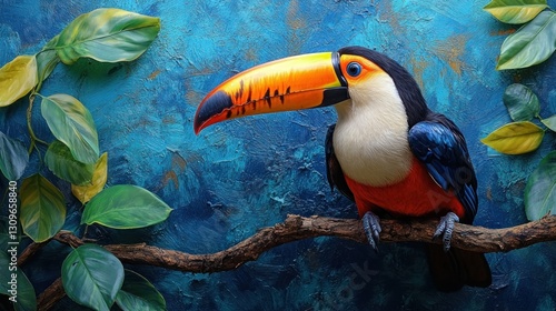 Vibrant toucan perched on branch amidst tropical foliage against a textured blue backdrop