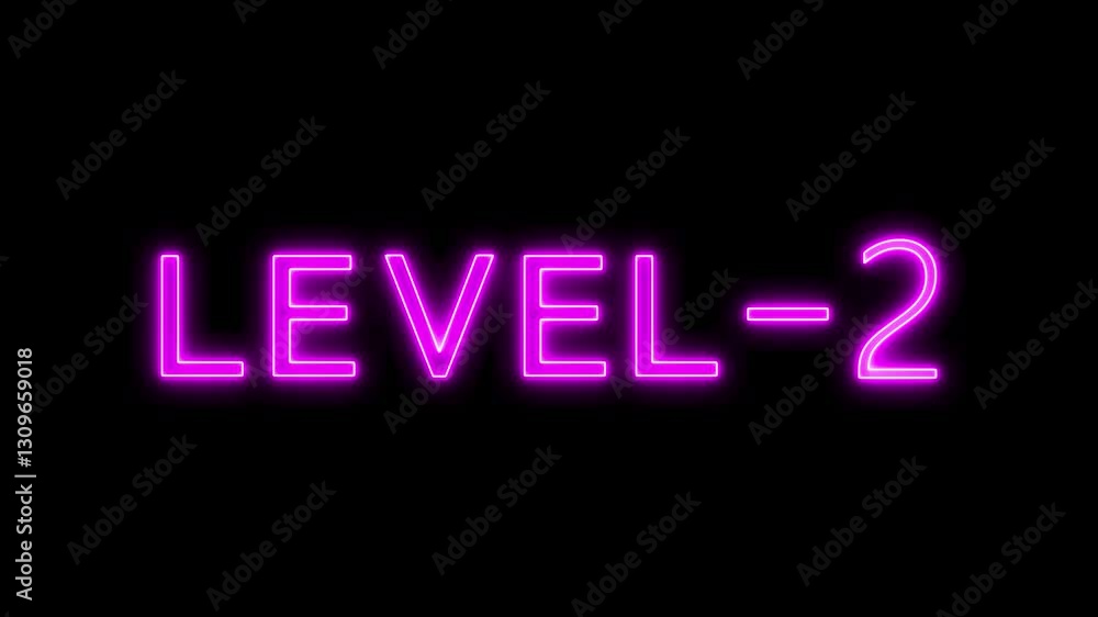 Level 2 text font with neon light. Level Up neon sign. neon letters spelling out level Up appear on screen display animation. Level 2 text font with neon light. Level Up neon sign. neon letters spelling out level Up appear on screen display animation.