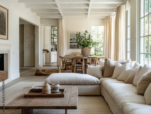 A spacious and well decorated living room with natural lighting