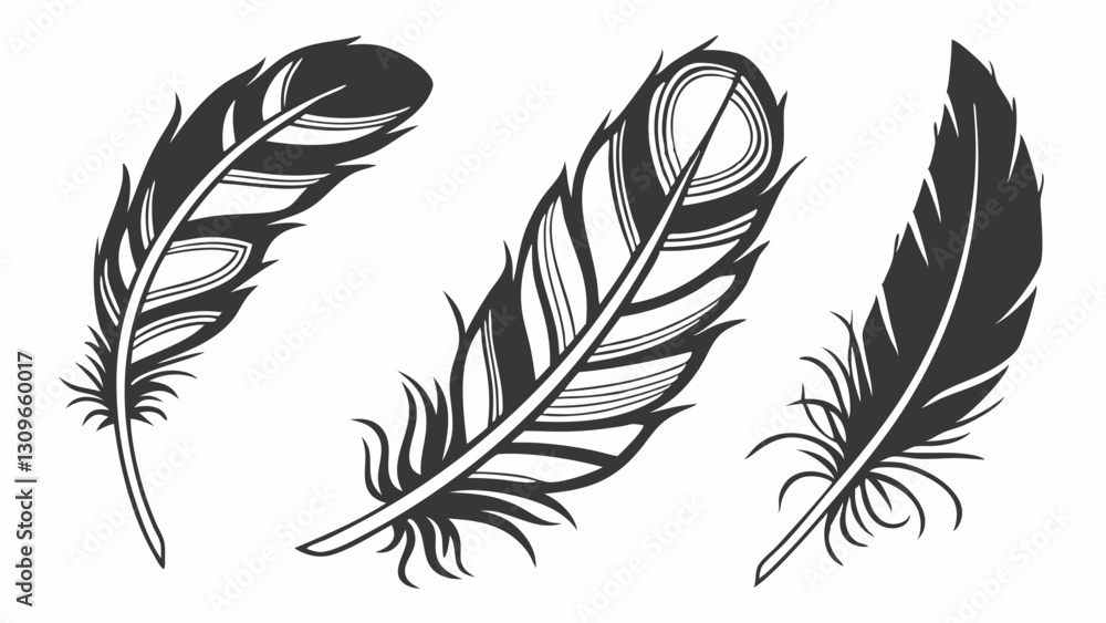 Obraz premium Artistic Feather Vector, Black and White Feather Design, Intricate Line Art Illustration, Stylized Decorative Feather, Hand-Drawn Feather Artwork