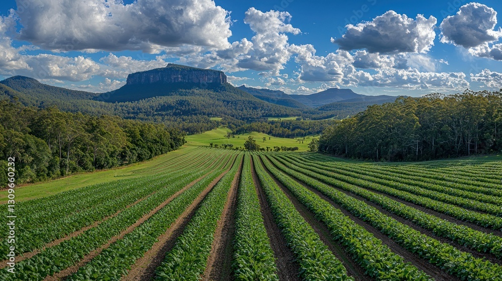 Panoramic Farmland Rows, Mountain View Panoramic Farmland Rows, Mountain View